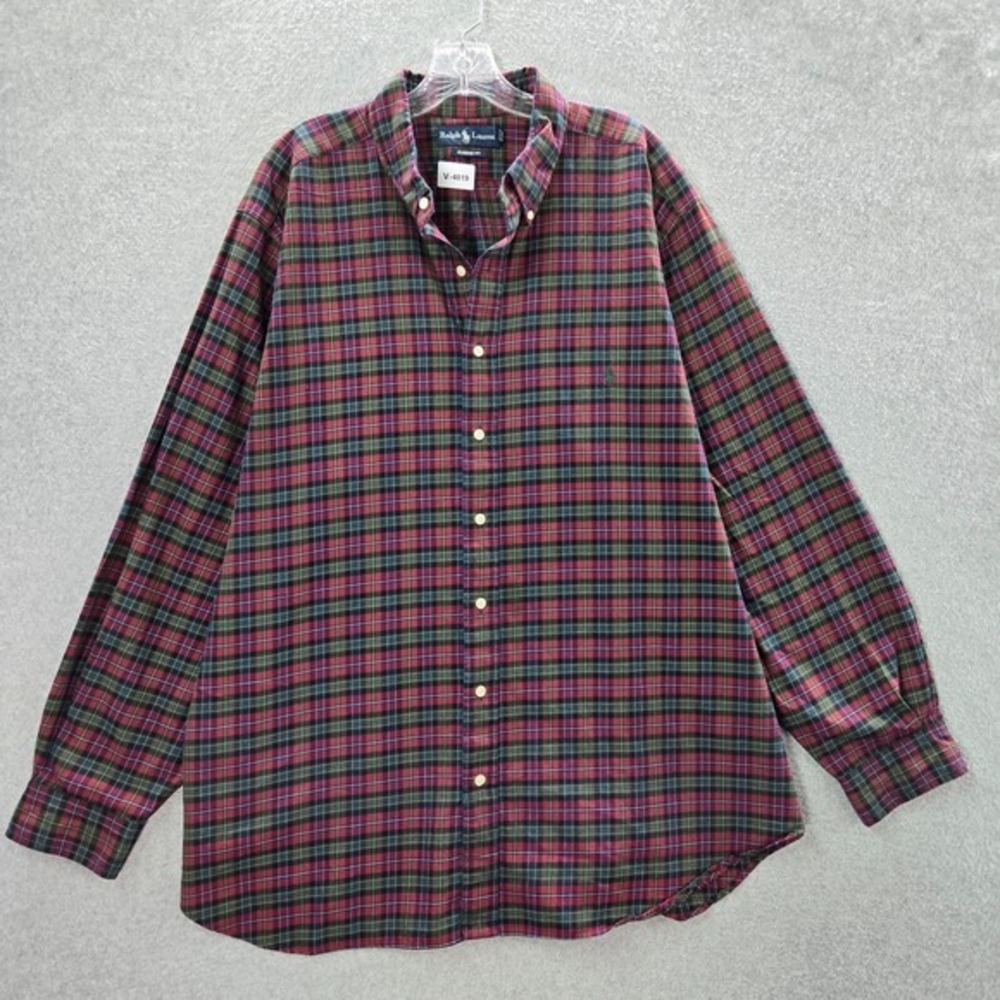 VINTAGE Ralph Lauren Men Button Up Shirt 2XB Red Plaid Classic‎ Fit Long Sleeve
